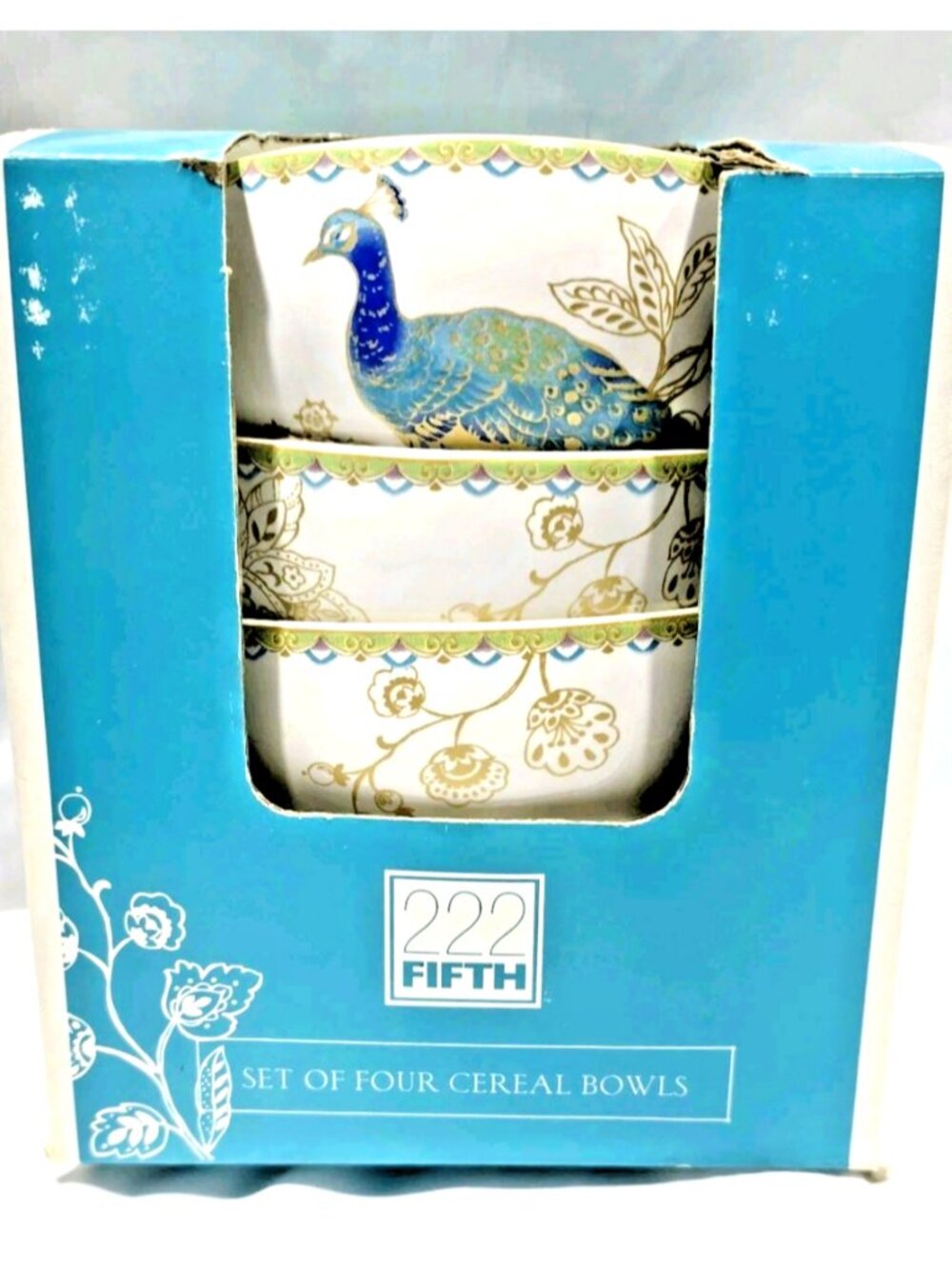 222 Fifth Peacock Garden 5.5” Soup Cereal Bowls (Set of 4) - NEW